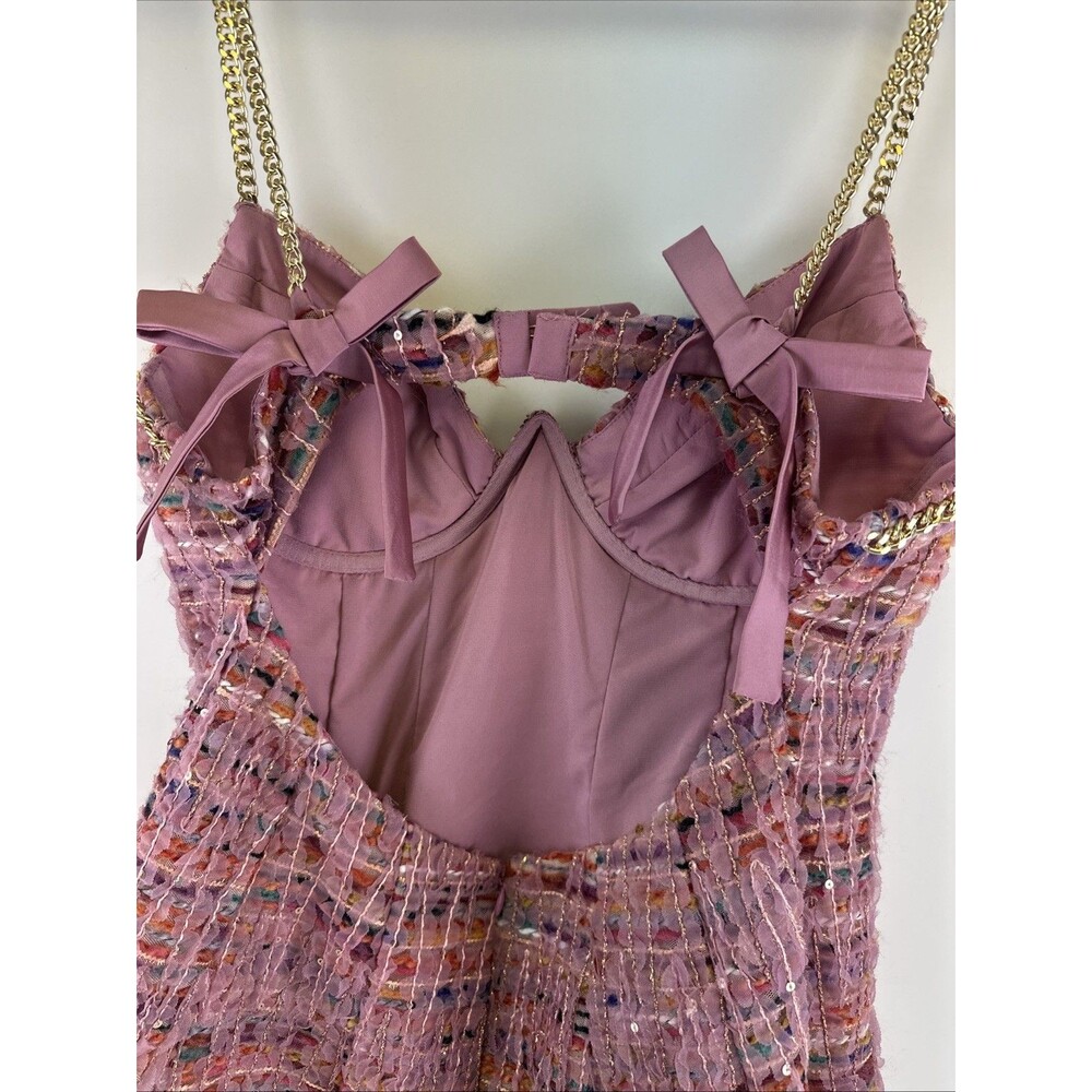 For Love & Lemons Celine Tweed Chain Mini Dress Pink Flare Party Summer Fun XL - Picture 7 of 16